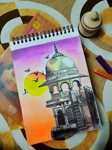 Pen drawing, soft pastel, water color Soft Pastel Drawing Ideas Easy, Drwng Ideas Color, Rajasthani Fort, Pastel Colour Painting, Drawing Soft Pastel, Soft Pastels Drawing, Doodle Frame, Easy Love Drawings, Art Journal Cover