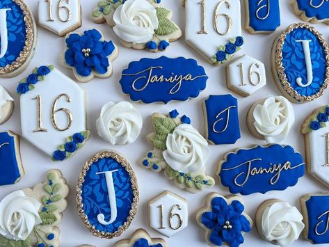 Royal Blue Cookies, Blue Sweet Sixteen, Sweet 16 Winter, Hello Forty, Royal Blue Quince, Cookie Techniques, Moms 60th, Cookie Shop, Blue Quince