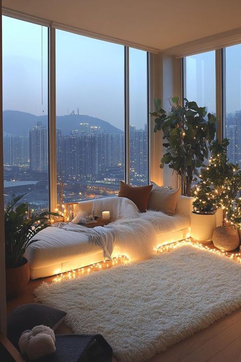 21 Cozy Christmas Decor Ideas for Small Apartments 38 Apartment Inspo Cozy, House Decor Cozy, Cozy Apartment Ideas, Apartment Inspiration Cozy, Christmas Lights In The Bedroom, Christmas Deco Ideas, Aesthetic Apartments, Comfy Apartment, Ideas For Small Apartments