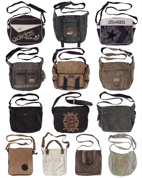 messenger bags Old Bags Vintage, Retro Bags Vintage Handbags, Grunge Shoulder Bag, Thrift Bags, Grunge Whats In My Bag, Grunge Bags, Thrifted Bags, What's In My Bag Aesthetic Grunge, Vintage School Bag