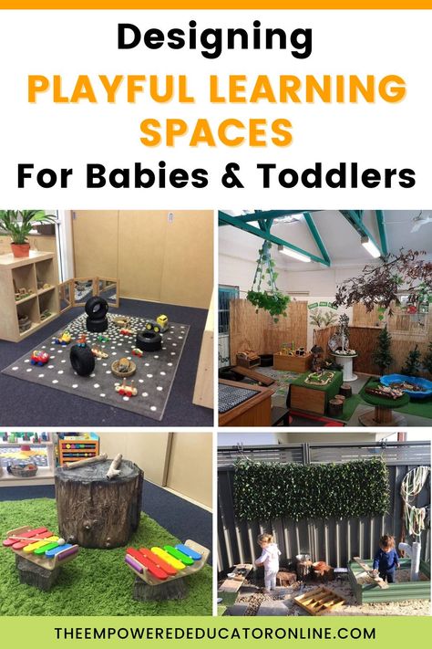 Tips and ideas for educators to set up engaging and playful learning spaces for babies and toddlers. This post features lots of inspiration to help educators and daycare providers create a welcoming early years environment. - The Empowered Educator Early Childhood Room Set Up, Daycare Set Up Ideas, Childcare Set Up Ideas, Infant Classroom Set Up, Young Toddler Classroom Ideas, One Year Old Daycare Room Classroom, Toddler Room Set Up Childcare, Infant And Toddler Classroom Set Up, School Age Daycare Classroom Setup