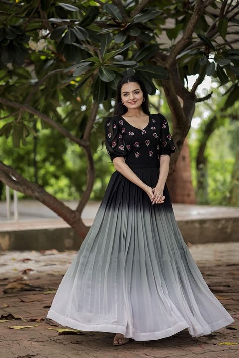 Rs.850/- one colour.This Black shadded Dress will make a statement for sure. The design features Embroidery Yok detailing and beautiful Shade of Black N Grey is made from Silk Fabric to amp up the look Material:- Silk Complete Linning Length 50"+ Long Gown Dress, Indian Gowns Dresses, Long Frocks, Black Embroidery, Indian Gowns, One Colour, Grey Colour, Long Gown, Shades Of Black