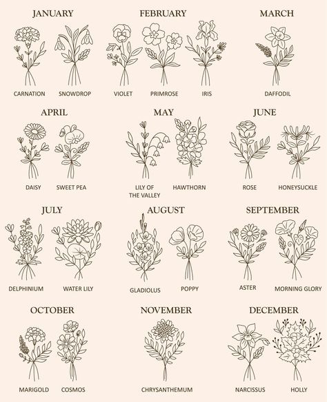 Birth Month Flower Bouquet Set/birth Month Flowers - Etsy Netherlands September Month Flower, May Birth Flower Bouquet Tattoo, Flowers For Birth Month, Birth Plants, September Tattoo Ideas Birth Month, Birth Month Flower Tattoos Bouquet, Birth Flower Line Art, Floral Illustrations Botanical, Birthmonth Flower