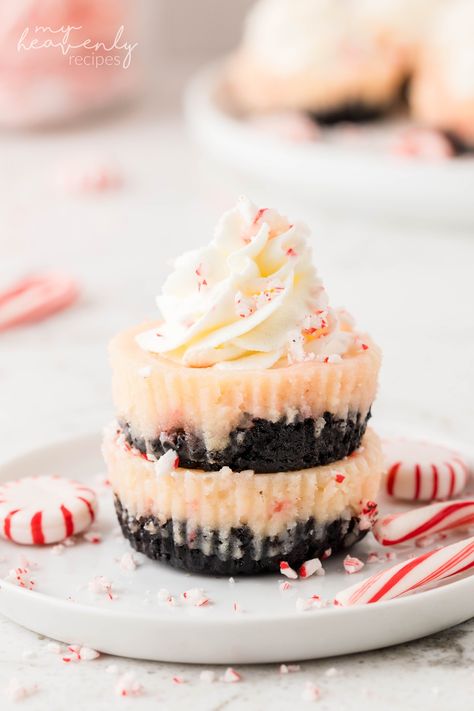 Mini Snickerdoodle Cheesecake, Mini Holiday Cheesecakes, Oreo Peppermint Cheesecake Bites, Oreo Peppermint Cheesecake, White Chocolate Mini Cheesecakes, Christmas Cheesecake Cupcakes, Peppermint Cheesecake Bites, Mini Christmas Cheesecakes, Mini Peppermint Cheesecake