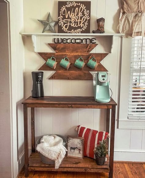 Kitchen coffee setup with westen decoratons Ranch House Decor Kitchen, Rustic Western Kitchen Decor, Western Themed Kitchen, Western Kitchen Wall Decor, Western Home Decor Kitchen, Western Coffee Bar, Roommate Apartment, Western Kitchen Ideas, Western Coffee Table