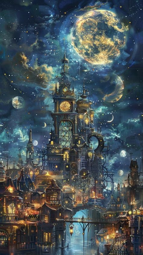 Gothic City Fantasy Art, Magitech City, Steampunk Alice In Wonderland, Steampunk World, Steampunk Fairy, Marilyn Monroe Artwork, Glitter Wall Art, Dreamy Artwork, Underwater Art