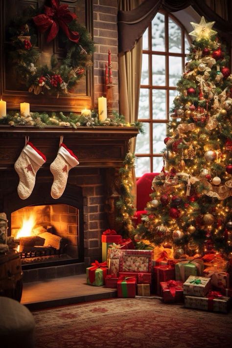 Christmas Fireplaces, English Homes, Christmas Aesthetics, Cozy Scandinavian, Scandinavian Room, Lights Aesthetic, Christmas Wallpaper Backgrounds, Christmas Scenery, Christmas Mantel Decorations