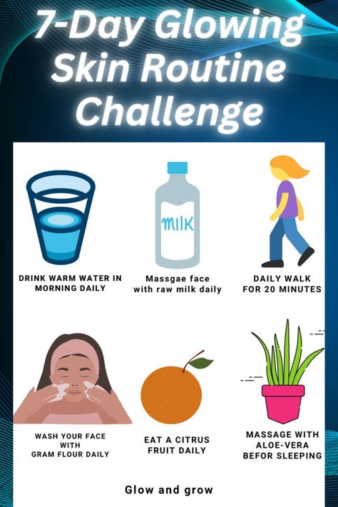 "Image showcasing a 7-Day Glowing Skin Routine Challenge. Includes glowing skin tips like drinking warm water, massaging with raw milk, walking daily, using gram flour for face wash, eating citrus fruits, and massaging with aloe vera before sleeping. Perfect for glowing skin naturally, glowing skin care, and achieving radiant skin at home. Ideal for those seeking glowing skin treatments and natural remedies." 7 Days Challenge For Glowing Skin, 7 Days Glass Skin Challenge, Clear Body Skin, Skin Care Challenge, Glass Skin Challenge, Skin Challenge, Glowing Skin Tips, Skin Care Routine For Teens, Glowing Skin Naturally