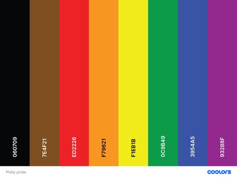 #philly #pride #flag #palette #hex Ally Pride, Straight Ally, Pride Flag Colors, Hex Codes, Flag Colors, Pride Flag, World Of Color, Pride Flags, Color Pallets