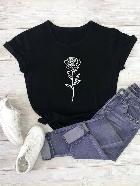 Printed Tee Women, Cute Shirt Designs, Women Rising, Causual Outfits, Women T Shirts, Rose Print, Flower Print, Cute Shirts, Plus Size Tops