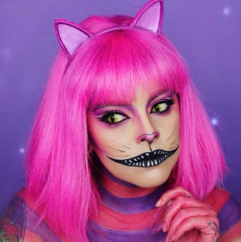 Costume Ideas With Pink Hair, Halloween Costume Ideas With Pink Hair, Halloween Makeup Pink Hair, Halloween Costumes For Pink Hair, Pink Haired Halloween Costumes, Pink Wig Halloween Costume Ideas, Pink Wig Halloween Costume, Pink Cat Makeup, Costume With Pink Hair