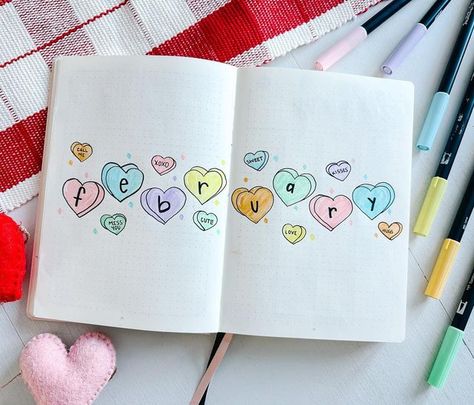 Jaclyn Toms on Instagram: "💗 February 💛 Cover 💚 Page 🧡 This months theme is candy conversation hearts! ❤️💙 Although candy hearts don’t taste very good, they are very cute to draw! 🤷🏻‍♀️ 😅 Tell me, what theme did you choose for February? #februarybulletjournal #candyhearttheme #monthlytheme #bulletjournal #planwithme #journaling #bujo #bulletjournaltheme #bulletjournalcommunity #bulletjournalling #monthlyspread #bujospread #2023planner #showmeyourplanner #bujocommunity #bujomonthly #habit February Dot Journal, Feb Bujo Cover, February Reading Journal, February Bujo Theme, Candy Heart Drawing, Febuary Spreads Bullet Journal, February Journal Cover, February Drawings, February Journal Ideas