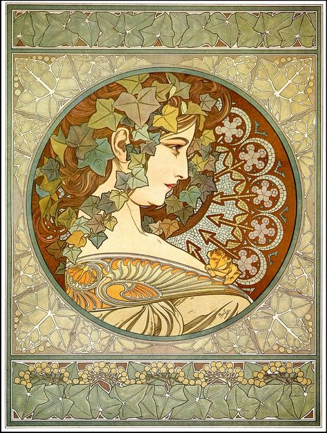 Ivy by Alfons Mucha (circa 1890-1910) | by Swallowtail Garden Seeds Alfons Maria Mucha, Art Nouveau Mucha, Illustration Art Nouveau, Alphonse Mucha Art, Mucha Art, Aubrey Beardsley, Alfons Mucha, Art Nouveau Illustration, Art Nouveau Poster