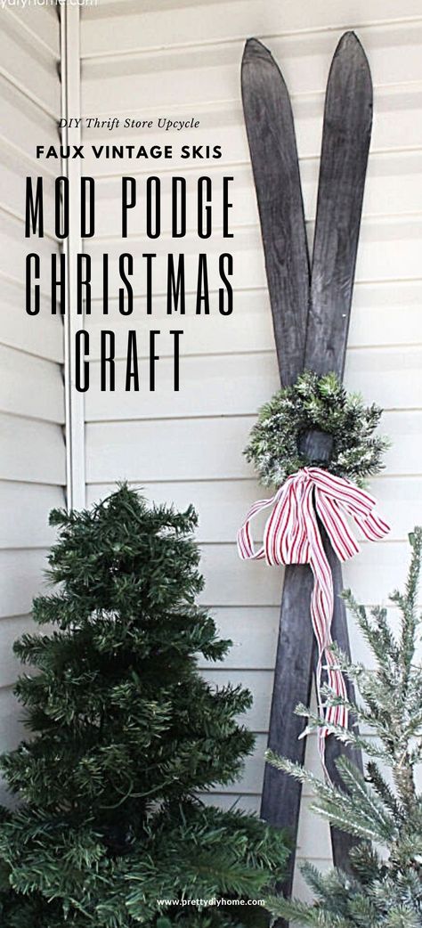 Skis For Christmas Decor, Repurpose Skis, Old Skis Decor, Wooden Ladder Decor, Christmas Front Porch Ideas, Antique Skis, Old Skis, Ski Decor, Upcycle Ideas