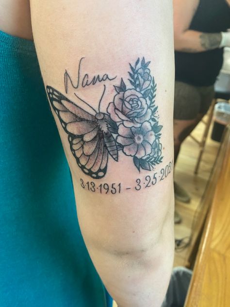 Butterfly Tattoo Memorial Grandmothers, Butterflies Memorial Tattoo, In Remembrance Tattoos Butterfly, First Tattoo Ideas Butterfly, Memory Butterfly Tattoos, Tattoo For Nana Passing, Tattoo Ideas For Your Grandma, Rose Memorial Tattoo Grandmothers, Flower Tattoos For Lost Loved Ones