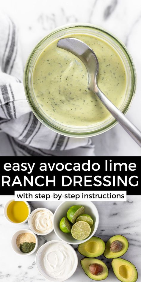 This super easy avocado lime ranch dressing comes together in about 5 minutes with just 10 ingredients, most of which you probably already have in your kitchen! A simple blend of dried herbs and spices combined with creamy avocado, cool sour cream, a splash of olive oil, and a hint of mayo create the most delicious copycat Chick-fil-A avocado lime ranch dressing ever! Cottage Cheese Avocado Dressing, Southwest Salad Dressing, Avocado Lime Ranch, Avocado Lime Ranch Dressing, Avocado Dressing Recipe, Healthy Ranch Dressing, Avocado Lime Dressing, Creamy Balsamic Dressing, Avocado Ranch Dressing