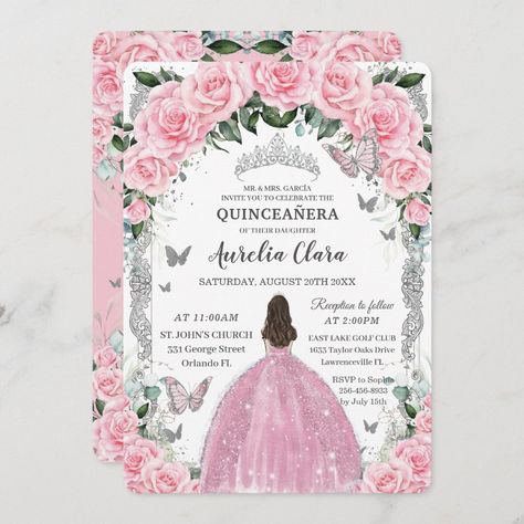 Quinceañera Invitations, Invitations Quinceanera, Quinceanera Pink, Rose Gold Princess, Princess Invitation, Flower Birthday Party, Quince Invitations, Butterfly Invitations, Mexican Spanish