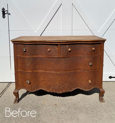 Dramatic Furniture, Furniture Mods, Painted Antique Dresser, Antique Dresser Makeover, Serpentine Dresser, Empire Dresser, Dresser Flips, Black Painted Furniture, Dresser Refinish