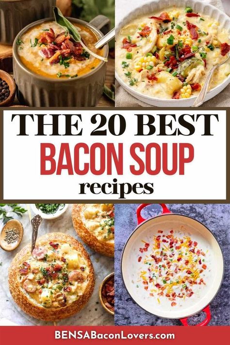 4 bowls of soup with bacon as a main ingredient. Soup Recipes With Bacon, Cream Of Bacon Soup, Bacon Potato Soup, Dairy Free Potato Soup, Recipes With Bacon, Bacon Soup Recipes, Soup With Bacon, Best Soup, Easy Chicken And Rice