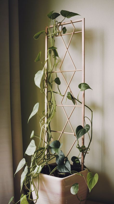 Guide your vines upward with a DIY trellis! Perfect for climbing plants like pothos, adding vertical greenery to your space. See how to make it! #DIYtrellis #indoorplants #smallgardens Plants Climbing Indoor, Diy Plant Climber, Diy Indoor Trellis, Diy Plant Trellis Indoor, Indoor Plant Trellis Ideas, Plant Trellis Ideas, Pothos Climbing, Pothos Indoor, Climbing Plants Indoor