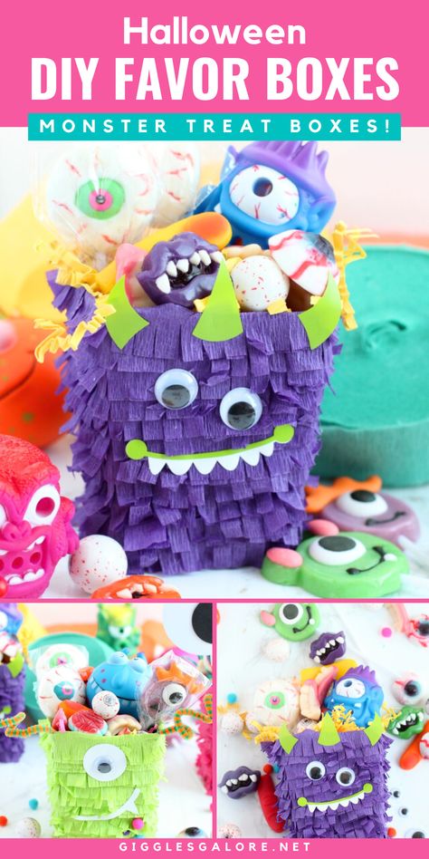 Monster Favor Boxes Stuffed With Candy. With Text Reading: DIY Halloween Monster Favor Boxes. Diy Bubble Bath, Diy Favor Boxes, Treat Box Ideas, Kid Friendly Party, Cute Party Favors, Monster Treats, Halloween Box, Diy Monsters, Kid Halloween