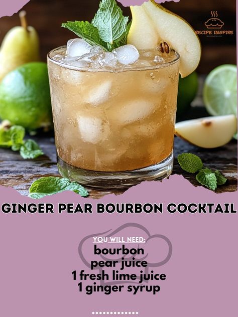 🍐🥃 Elevate your cocktail game with this refreshing Ginger Pear Bourbon Cocktail! Perfect for any occasion. #MixologyMagic Ginger Pear Bourbon Cocktail Ingredients: - 2 oz bourbon - 1 oz pear juice - 1/2 oz fresh lime juice - 1/2 oz ginger syrup - Ginger beer - Ice - Sliced pears and mint leaves for garnish Instructions: 1. In a shaker, combine bourbon, pear juice, lime juice, and ginger syrup with ice. 2. Shake well and strain into a glass filled with ice. 3. Top with ginger beer and stir ... Pear Bourbon Cocktail, Ginger Pear, Pear Ginger, Bourbon Cocktail, Sliced Pears, Ginger Syrup, Pear Juice, Bourbon Cocktails, Cocktail Ingredients