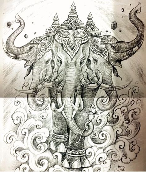 3 Headed Elephant Tattoo Laos, Temple Tattoo, Ancient Drawings, Cambodian Art, Buddha Art Drawing, Elephant Tattoo Design, Back Piece Tattoo, Thailand Art, Elephant Tattoo