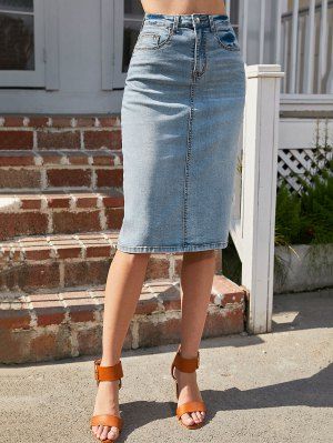 How To Style A Denim Skirt, Skirts Cute, Denim Skirt Fashion, Jean Pencil Skirt, Ladies Shirts, Denim Skirt Outfits, High Waisted Maxi Skirt, Long Denim Skirt, Jeans Skirt