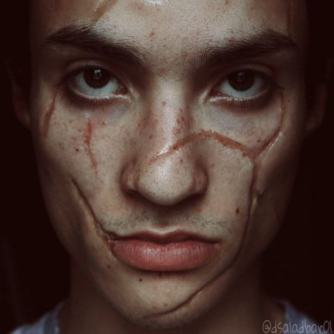 Scarred Face Character, Rigid Collodion Scar, Rigid Collodion Makeup, Facial Scarring Oc, Collodion Makeup, Cool Body Mods, Collodion Scar, Scar Reference Art, Scowl Face Reference