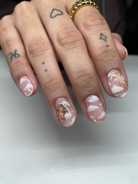 Russian Manicure Gel Nails, Angelic Nail Art, Reinassance Nails, Cherub Nails Designs, Angel Theme Nails, Renesance Nails, Cherub Angel Nails, Cherub Nail Art, Fine Art Nails