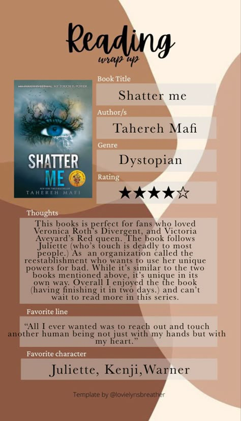 Shatter Me Review, Shatter Me Journal Page, Reviews Template Instagram, Writing A Book Review, Book Review Journal, Books Review, Book Review Template, Book Reading Journal, Books To Read Nonfiction