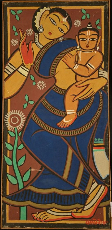 Mother and Child Artist- Jamini Roy Pic. Credit Bharat Kala Bhavan, BHU Jamini Roy Krishna Painting, Jamini Ray Painting, Jamini Roy Art, Jamini Roy Paintings Folk Art, Jamini Roy Paintings, Bapu Paintings, Kalighat Paintings, Jamini Roy, Mughal Miniature Paintings