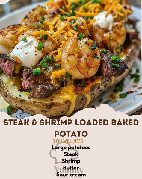 Yummy Recipes | 🥔 Steak & Shrimp Loaded Baked Potato: Hearty and luxurious, loaded with juicy steak and shrimp! #LoadedPotatoLuxury Steak & Shrimp Loaded … | Instagram Steak Shrimp Potatoes, Baked Potato Fillings, Steak And Baked Potato, Shrimp Butter, Steak Shrimp, Steak Bites Recipe, Baked Steak, Homemade Sauce Recipes, Steak And Shrimp