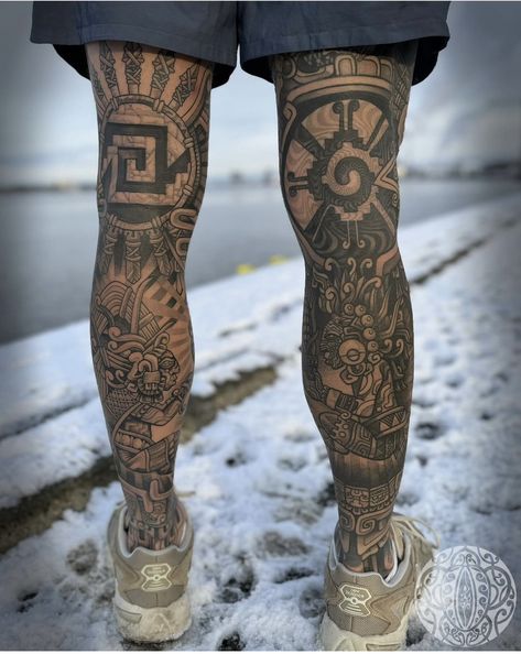 Ancient Aztec Tattoo, Aztec Tattoo Designs Mayan Symbols, Upper Leg Tattoo Men Thigh Piece, Ollin Aztec Tattoo, Aztec Back Tattoo, Tattoos Mexico, Mexico Tattoo Ideas, Quetzalcoatl Tattoo, Upper Leg Tattoos