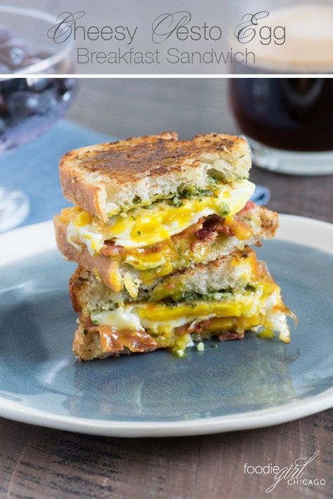 Cheesy Pesto Egg Breakfast Sandwichg Egg Breakfast Sandwiches, Pesto Butter, Bacon And Egg Sandwich, Pesto Eggs, Egg Sandwich Breakfast, Eggs And Bacon, Breakfast Sandwich Recipes, Bacon Sandwich, Breakfast Eggs