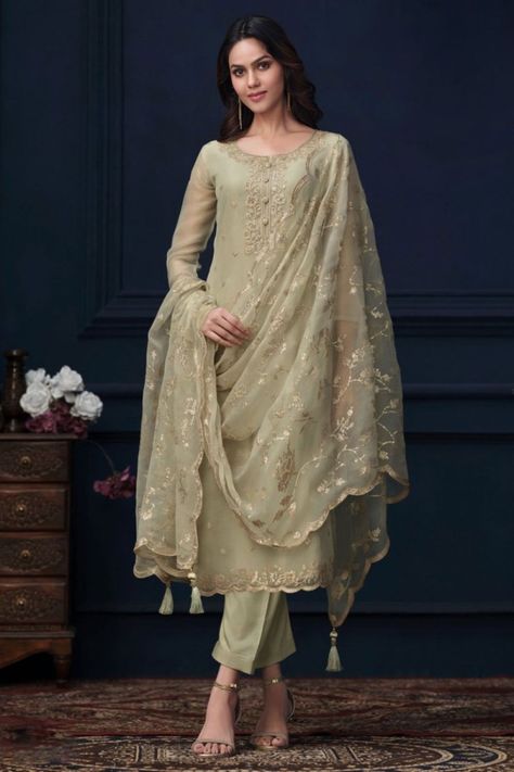 Pastel Green Organza Chiffon Embroidered Pant Kameez Suit Chiffon Salwar Suit, Green Indian Wedding, Casual Churidar, Salwar Kameez Mens, Wedding Salwar Suits, Patiyala Dress, Chiffon Pants, Chiffon Style, Suit Casual