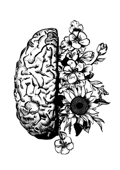 Skull And Brain Tattoo, Brain And Flower Tattoo, Brain And Flowers Drawing, Anatomical Tattoo Human Anatomy, Brain Tattoo With Flowers, Bone Tattoo Anatomical, Brain Flower Tattoo, Flower Brain Tattoos, Human Anatomy Tattoo