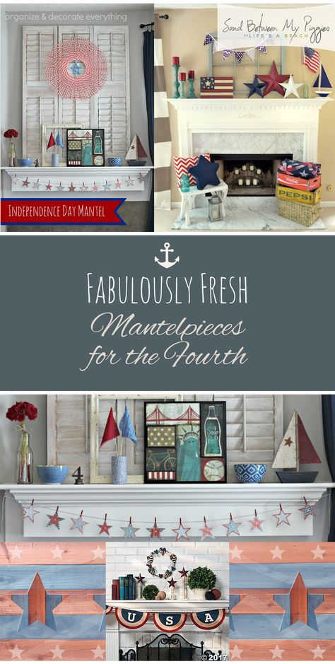 There is nothing better than walking into your house and seeing your mantle decorated for the upcoming holiday. These fabulously fresh mantle-pieces for the Fourth of July will make you feel festive just by looking at them. Show everyone how patriotic you are! #fourthofjuly #fourthofjulydecor #mantle #mantledecor #decor Fourth Of July Mantle, Patriotic Mantle, Americana Cottage, Mantlepiece Decor, Yard Diy, Church Window, Diy Space, Party Place, Summer Craft