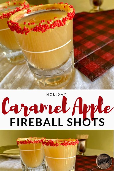 Holiday Inspired Caramel Apple Fireball Shots Recipe  #shots #drinks #holiday #recipe @barrelagedcreations #caramelapple #cinnamon #fireball #whiskey #barrelaged #cinnamonwhiskey #caramel #apple #easy Fireball Shots Recipes, Christmas Shots Recipes, Fireball Recipe, Fireball Drinks Recipes, Caramel Apple Shots, Fireball Shots, Fireball Cocktails, Holiday Shots, Shots Drinks