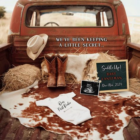 Demo link: https://www.corjl.com/d/182FD6 Let your loved ones on social media know that they'll need to saddle up because you've been keeping a little secret with our first rodeo baby announcement. Our cowboy western pregnancy announcement is also digital, self-editing, gender neutral, and perfect for rusty red farm truck lovers. Enjoy! Please be aware that you will NOT receive a physical copy of the photo via mail. This is a square 10.66 x 10.66-inch digital image that you'll be able to edit us Farm Help On The Way Announcement, Car Themed Baby Announcement, Toddler Announcing Pregnancy, A Cowboy Is On The Way, Preg Announcement Ideas, Rodeo Gender Reveal Ideas, Country Theme Baby Shower Ideas, Western Baby Announcement Photos, Western Gender Reveal Ideas For Party