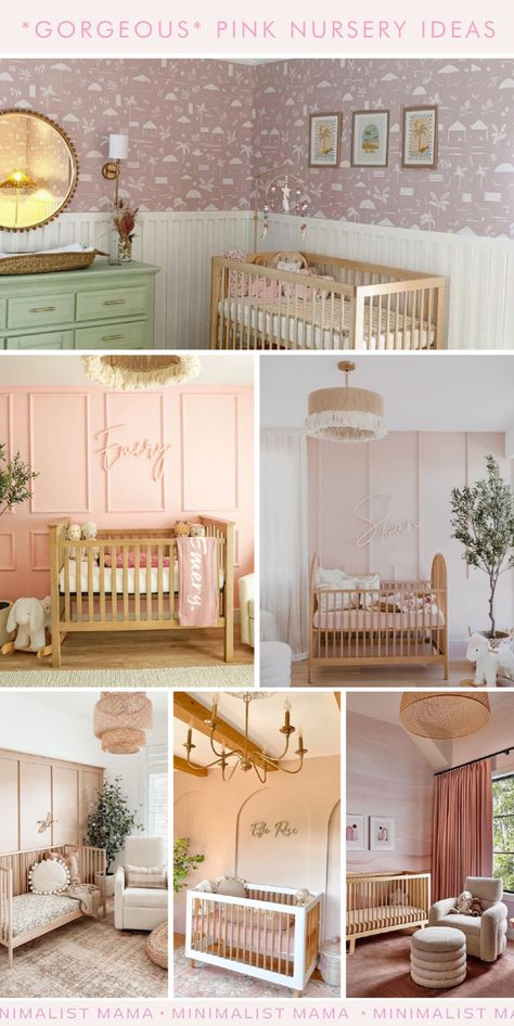 Searching for pretty pink nursery ideas for your baby girl nursery? This round-up of seriously stunning baby girl nurseries is sure to help you create a dreamy pink nursery room! Whether you’re looking for pink nursery décor, aesthetic, walls, wallpaper, paint colors, or accent wall, we have the perfect light pink, dusty pink, blue, and sage green and pink nursery ideas. Click through for all of the best pink girl nursery themes and pink baby room ideas. Light Pink And Sage Nursery, Pink Dresser Nursery, Pink Baby Room Ideas, Sage Green And Pink Nursery, Green And Pink Nursery, Cute Baby Girl Nursery, Pink Toddler Bedroom, Modern Baby Girl Nursery, Neutral Baby Room Ideas