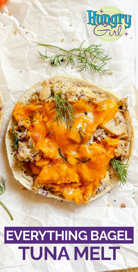 Healthy Everything Bagel Tuna Melt Recipe | Hungry Girl Everything Bagel Tuna Steak, High Protein Tuna Melt, Reduced Calorie Recipes, Low Calorie Bagel Sandwich, Ww Tuna Melt, Low Calorie Tuna Melt, Tuna Melt Recipe, Healthy Tuna, Melt Recipe