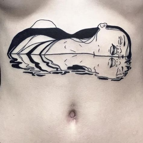 Floating tattoo by Silly Jane #SillyJane #blackwork #linework #ladyhead #lady #portrait #Japanese #newtraditional #mashup #manga #graphic #water #reflection | Mar 13th 2018 | 488171 Water Lily Tattoos, Water Tattoo, Handpoke Tattoo, Silhouette Tattoos, Gothic Tattoo, Thigh Tattoos Women, Tattoo Magazines, Line Work Tattoo, Back Tattoo Women