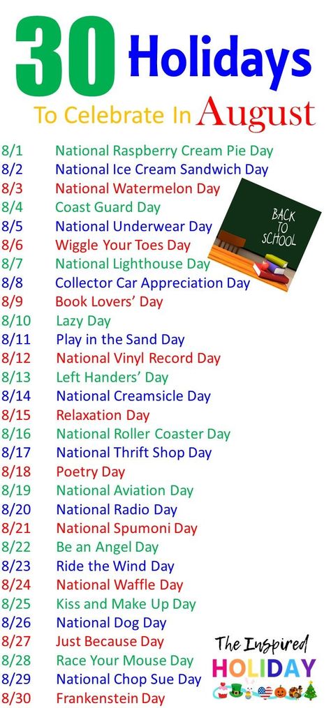 30 holidays to celebrate this August. Learn about all the silly and wacky holidays to celebrate during the month of August this year. #wackyholidays #augustholidays #sillyholidays #celebrations August Ideas Inspiration, August Senior Activities, National Celebration Days, Monthly Holidays, August Ideas, August Activities, National Holiday Calendar, National Aviation Day, Funny Holidays