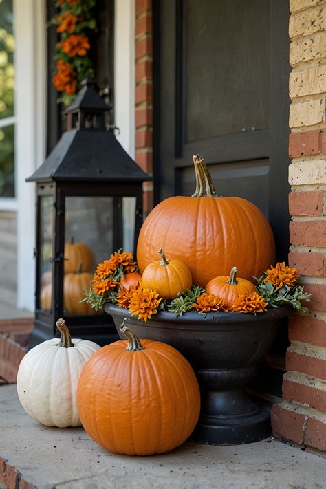 Transform your entryway this autumn with delightful fall porch decor. Enhance the seasonal charm using pumpkins and lanterns for a warm, inviting look. #FallDecor #PorchDecor #AutumnVibes #PumpkinDecor #LanternDecorations #SeasonalDecor #EntrywayDecor Porch Mums, Pumpkin Porch Decor, Pumpkin Porch, Fall Porch Decor Ideas, Fall Porch Decor, Porch Pumpkins, Front Steps, Crisp Air, Fall Decorations Porch