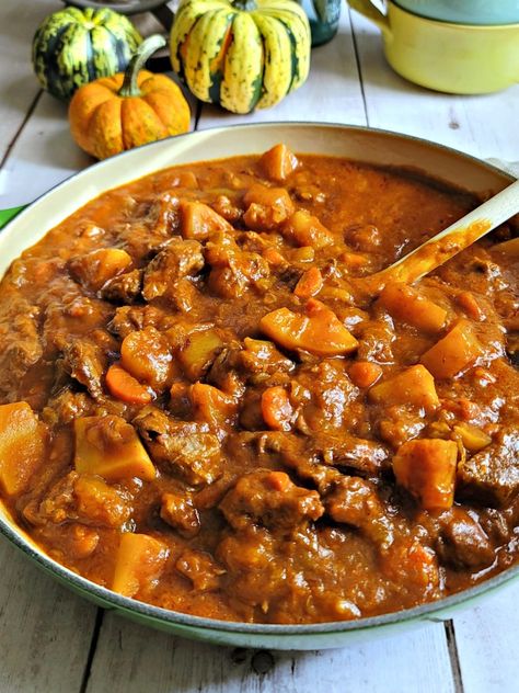 Autumn Harvest Beef Stew - My Homemade Roots Recipes For Samhain, Apple Cider Stew, Halloween Beef Stew, Harvest Supper Ideas, Autumn Beef Stew, Autumn Harvest Soup, Fall Harvest Recipes, Fall Beef Stew, Hearty Stew Recipes