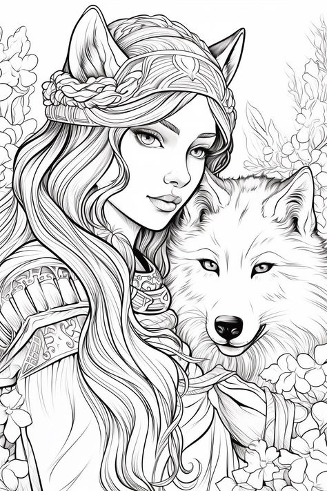 Woman And Wolf, Female Wolf, Wolf Warrior, Forest Backdrop, Serene Forest, Wolf Warriors, Color Drawing Art, Adult Coloring Designs, Colouring Page