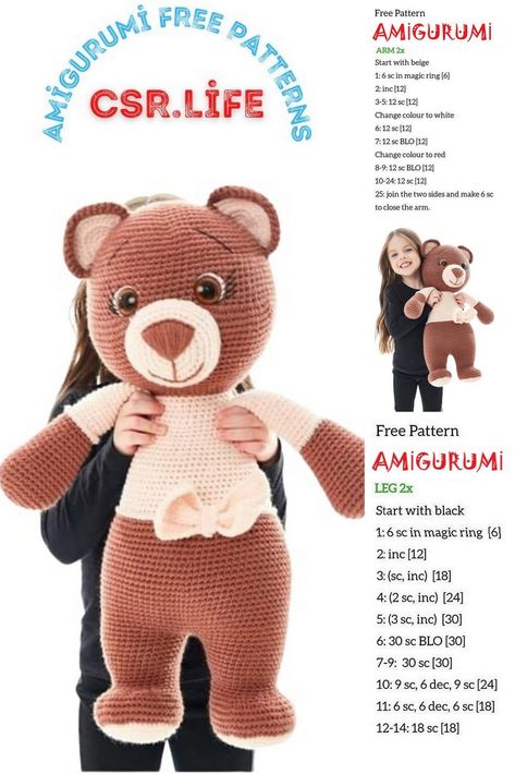 Amigurumi Big Bear Free Crochet Pattern Crochet Teddy Bear Pattern Free, Teddy Bear Patterns Free, Teddy Bear Knitting Pattern, Amigurumi For Beginners, Bear Patterns Free, Crochet Doll Tutorial, Crochet Animal Amigurumi, Crochet Teddy Bear Pattern, Cat Amigurumi