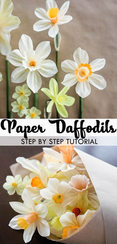 Paper Daffodil Flower Tutorial Easter Paper Flowers Diy, 3 D Paper Flowers How To Make, How To Make Crepe Paper Flowers Step By Step, Easy Craft Flowers, Paper Flower Diy Easy, Paper Craft Flowers, Diy Fake Flowers, Paper Daffodils, Daffodils Craft