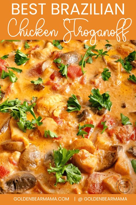 Best Brazilian Chicken Stroganoff (Estrogonofe de Frango) - Golden Bear Mama Brazilian Stroganoff, Crock Pot Stroganoff, Brazilian Chicken, Russian Dishes, Easy Family Dinner, Chicken Stroganoff, Chicken Tonight, Golden Bear, Stroganoff Recipe